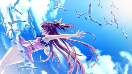 Maiden - pretty, bird, anime, birds, blue, girl, cute, sky