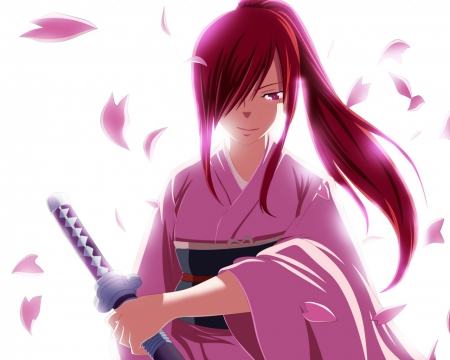 Erza - art, cool, fairy tail, pink, anime, sword, kimono, erza