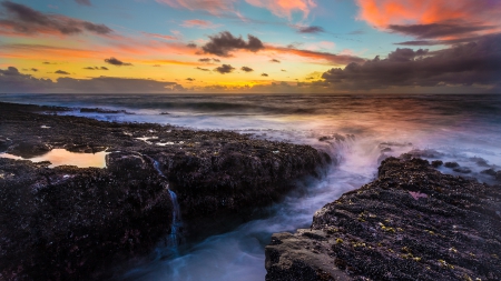 crevasse in seashore at cape agro oregon - crevasse, clouds, shore, sunset, sea, rocks