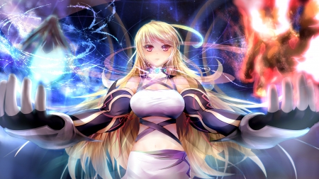 Fire or Water ? - nice, beauty, sky, female, magic, water, anime girl, fire, fantasy, red eyes, pretty, blonde hair, cool, dark, game, anime, cute, sexy, stars, magical, long hair, beautiful, sweet, awesome, lights