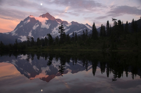 Full moon over the mountain - moon, reflection, mountain, pink sky