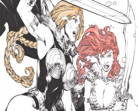 Valkyrie VS Red Sonja - marvel, swords, blond, red head