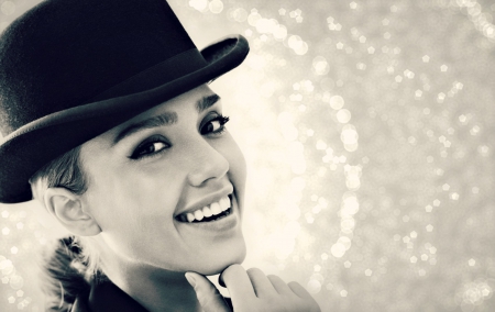 Jessica Alba - woman, beauty, actress, hat, girl, black, jessica alba, white, glitter, by cehenot, smile