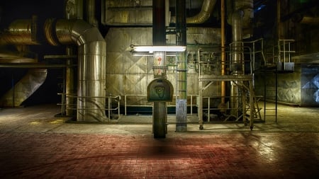 emergency phone in a factory - lights, bricks, phone, pipes, factory