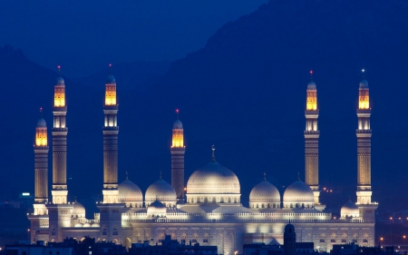 grand saleh mosque in yemen - mosques, towers, evening, lights