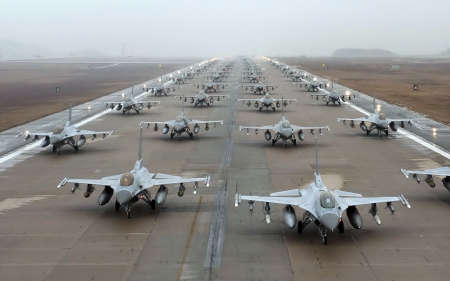 a squadron of F-16 fighting falcons - planes, squadron, fog, military, runway