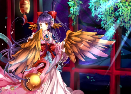 Angel - anime, girl, angel, night, pink, orange, manga, purple, red, green, wings