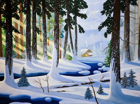 Winter wonderland - cottage, trees, sun, stream, path, calm, painting, quiet, art, wonderland, rays, branches, sunlight, scenic, winter, lovely, serenity, nature, woods, forest, snow, beautiful, cabin