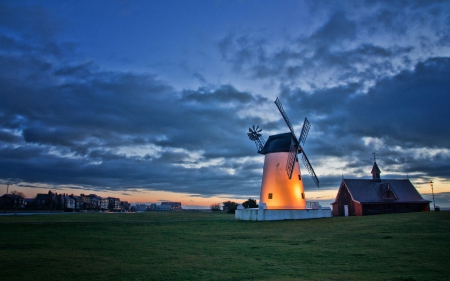 Windmill - fields, windmill, sunset, clouds