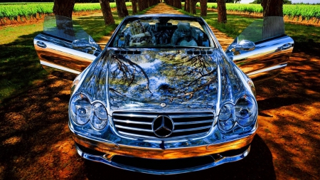 a mirrored steel mercedes convertible hdr - trees, car, convertible, mirror, hdr, road