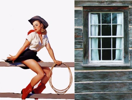 Cowgirl On A Fence - fun, anime, female, fences, western, cowgirls, drawing, fantasy, outdoors, rodeo, cabins, ranch, famous