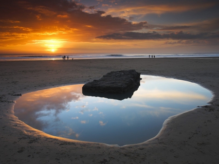 ocean sundown - sunset, sundown, mirror, beach, sea, ocean, tide, sky