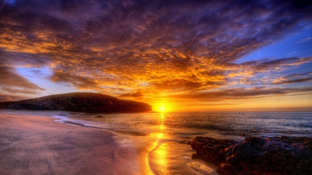 spectacular beach sunset hdr - horizon, beach, sky, sun, sunset, mountains, coast, rocks, clouds, hdr, rays, ocean, light, shore, nature, dawn, sea