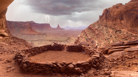 lightning over ancient ruins in a canyon - ancient, ruins, canyon, lightning, storm