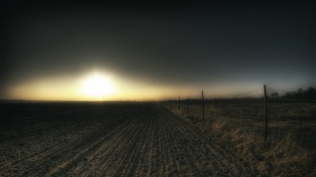 wonderful dark sunset over tilled fields hdr - sunset, fields, tilled, hdr, fence, dark