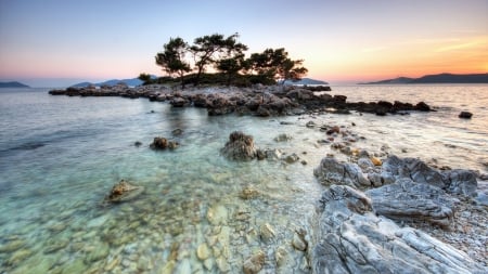 islet in a stone bottomed sea hdr - trees, islet, hdr, sea, stones, rocks