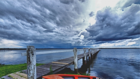 stormy clouds over a bay pier - sky, storm, clouds, boat, bay, pier