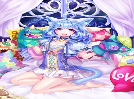 Aoi Neko - neko, girl, blue, ong hair, bedroom, cute, orginal