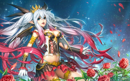 Vampire Princess - woman, beauty, brazalets, princess, female, roses, spines, wings, crown, black, rose, vampire, orginal, art, pretty, yellow, anime, green, golden, lady, skirt, girl, long hair, lovely, gold, red, blue, beautiful, succubus, top, flowers, white hair