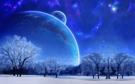 Peaceful Winter - planets, stars, trees, forest, galaxy, snow, winter, moons