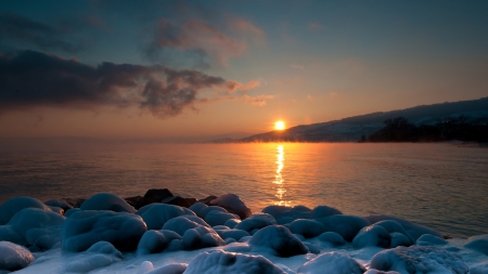 sunset over steaming sea with frozen rocky shore - steam, shore, frozen, sunset, sea, rocks