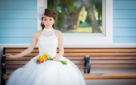 Bride - oriental, brunettes, beauty, model, bouquet, bride