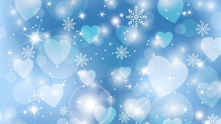 Hearts Snowflakes Blue - glow, hearts, stars, romantic, blue, valentines day, snowflakes, shine