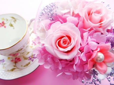 TEA CUP - roses, decoration, tea, cup, pearl