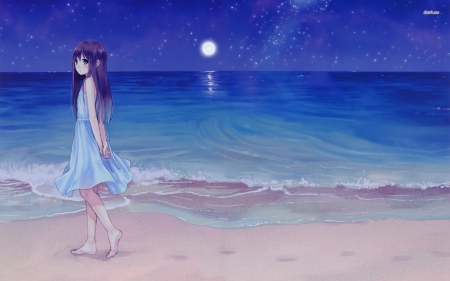 On the Moonlit - nice, sky, beach, female, anime girl, brown hair, pretty, cool, anime, cute, moon, stars, landscape, blue eyes, coolawesome, long hair, night, sweet, awesome, dress