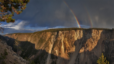 rain clouds and rainbow over a canyon - clouds, trees, rainbow, rain, canyon