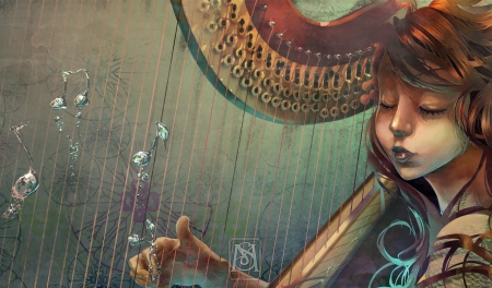 The music of the Sea - cute, beautiful, anime girl, fantasy, magic, mermaid, light, pretty, cool, water, beauty, awesome, sweet, brown hair, harp, anime, long hair, nice, female, music