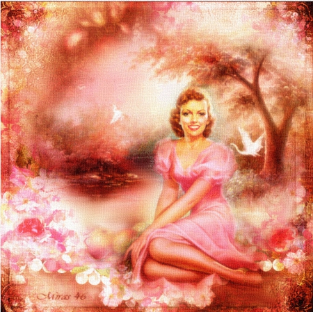 pink lady - swans, digital art, pink, pin-up girl