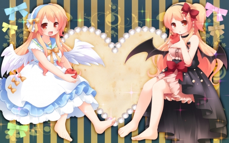 The Angel & The Demon - dresses, anime, heart, bows, angel, orange eyes, long hair, girls, apples, wings, barefoot, orange hair