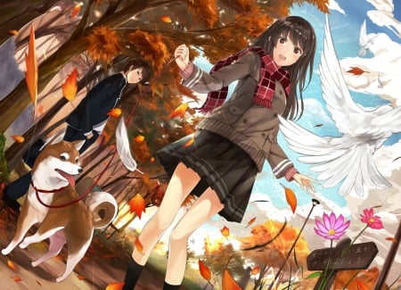 An Autumn Walk With My Dog - anime, birds, walking, dog, guy, leash, long hair, leaves, flowers, short hair, sky, brown eyes, trees, sign, skirt, girl, brown hair, fall, scarf, autumn, feathers, park