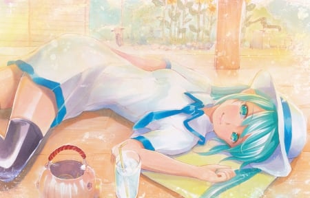 A Blissful Summer Day - hat, tie, anime, vocaloid, summer, hatsune miku, drink, summer dress, blue hair, blue eyes