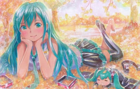 A Blissful Autumn Day - tie, anime, vocaloid, skirt, blush, hatsune miku, long hair, leaves, headphones, autumn, blue hair, barefoot, friends, mayo riyo, blue eyes