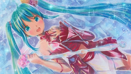 ~Hatsune Miku~ - wand, anime, vocaloid, red dress, hatsune miku, long hair, blue hair, ponytails, mayo riyo, blue eyes