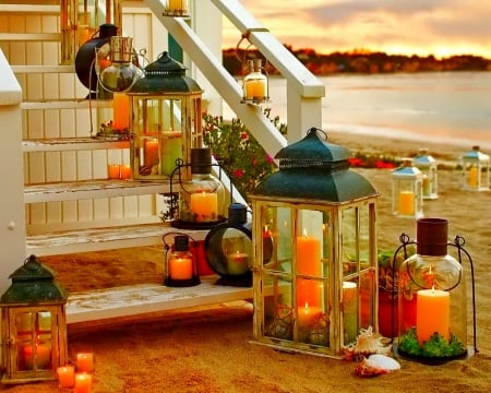 Lanterns - red, lanterns, photo, beach, candles, sun, candle, lantern, sunset, sea