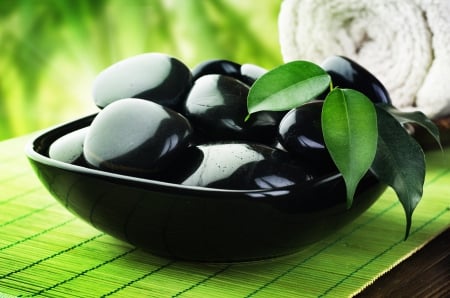 ~ Hot Stone Treatment ~ - fresh, treatment, wellness, hot, towel, green, stones, black