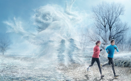 Frozen morning - people, fantasy, mist, comic, art, frozen, morning, ice, couple, winter, park, funny, run, fred perrot, situation, pink, blue