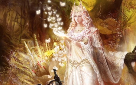 Magic butterflies - sorceress, yellow, magic, queen, girl, forest, orange, fantasy, white, woman, butterfly, princess