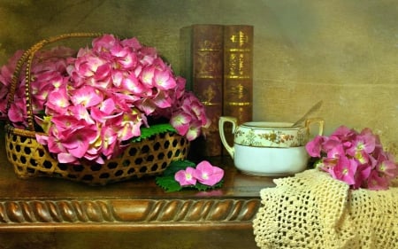 Beautiful Hydrangea - blossoms, tea, books, table, flower