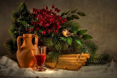 Still life - pretty, bird, room, flowers, wine, elegance, nice, vase, house, pot, branches, beautiful, lovely, still life, harmony, berries, arrangement, juice, tender