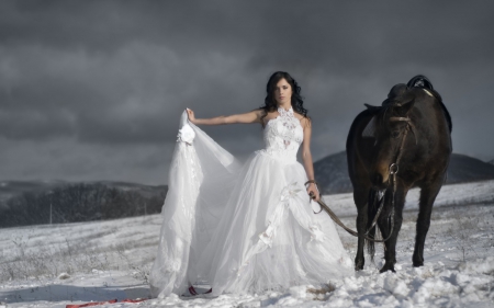 Winter bride - woman, new year, girl, winter, bride, model, white, horse, snow, dress