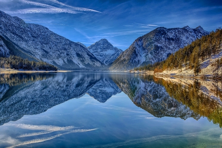 Winter lake - nice, slope, sky, water, clear, mirrored, calm, reflections, quiet, clouds, cliffs, lake, landscape, hills, winter, peaks, lovely, serenity, snow, beautiful