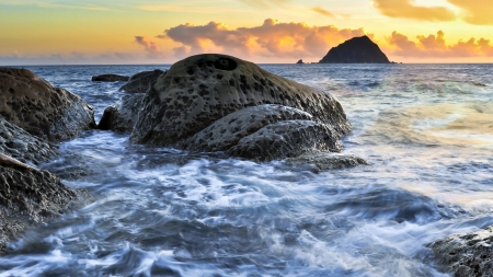 fabulous rocky seashore - shore, sea, foam, rocks