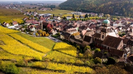 beautiful village surrounded by fields - hills, vilage, church, fields