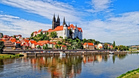 cathedral in a town on the elbe river in the czech republic - cathedral, hill, river, town, sky