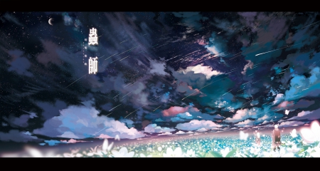 The Beauty Of Night - cool, kawaii, anime girks, anime, stars, art, butterflies, clouds, scen