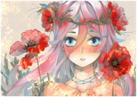 ~Beautiful IA~ - blue eyes, pink hair, pretty, vocaloid, anime, blush, flowers, gray hair, ia